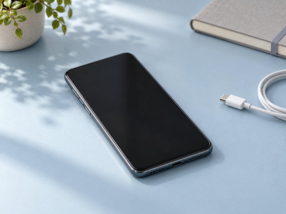 青い机に置かれた暗い画面のスマートフォンと未接続の白い充電ケーブル