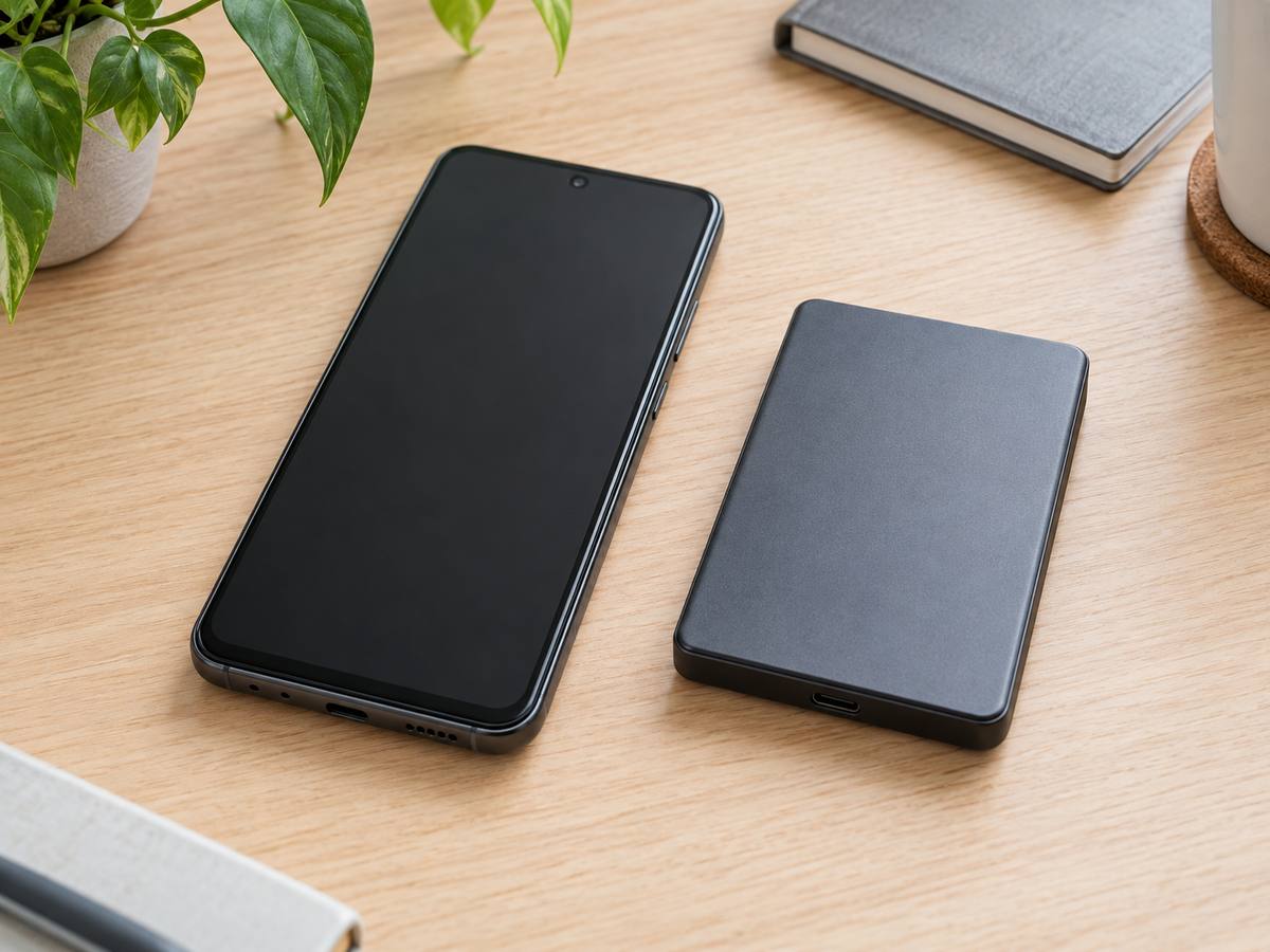 画面を消したスマートフォンと小型の外付け機器