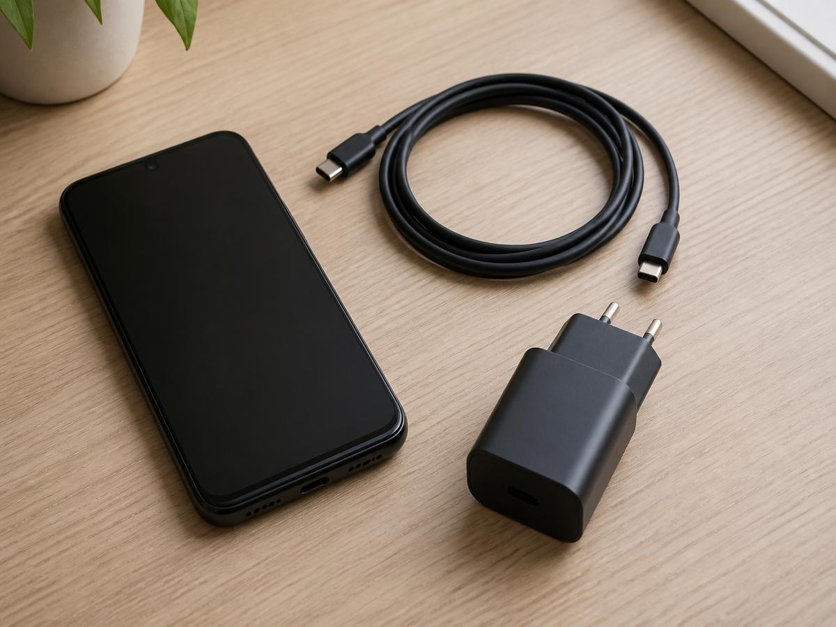 一般的なAndroidスマートフォン、黒いUSB充電器、コイル状にまとめたUSB-Cケーブルが机に並んでいる様子