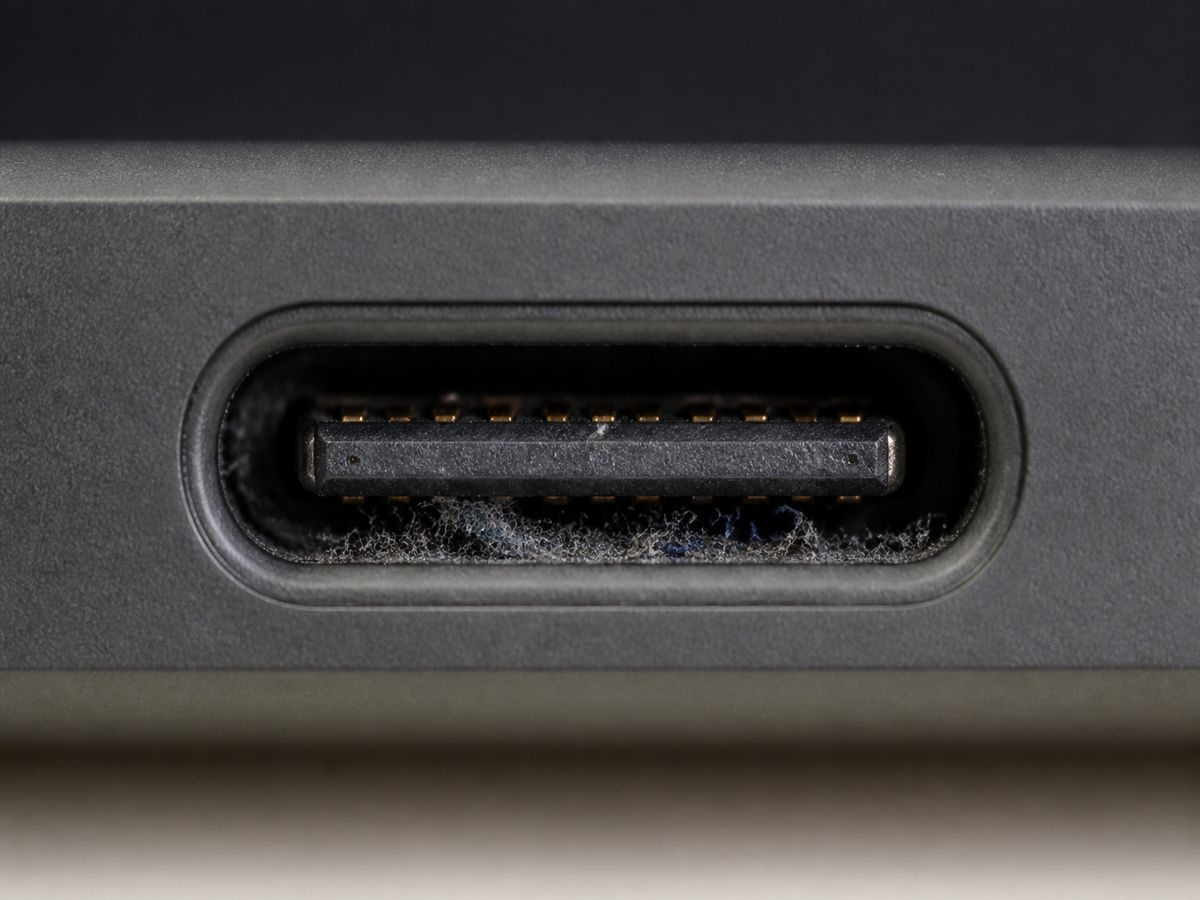 USB-C充電口の内部に糸くずやほこりがたまっている様子の拡大写真