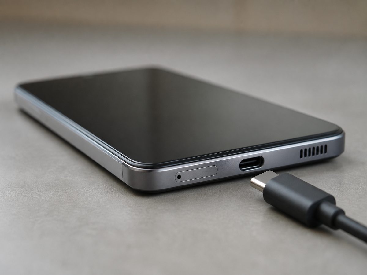 一般的なAndroidスマートフォンのUSB-C充電口に、まだ差し込まれていない充電ケーブルの先端が近づいている様子
