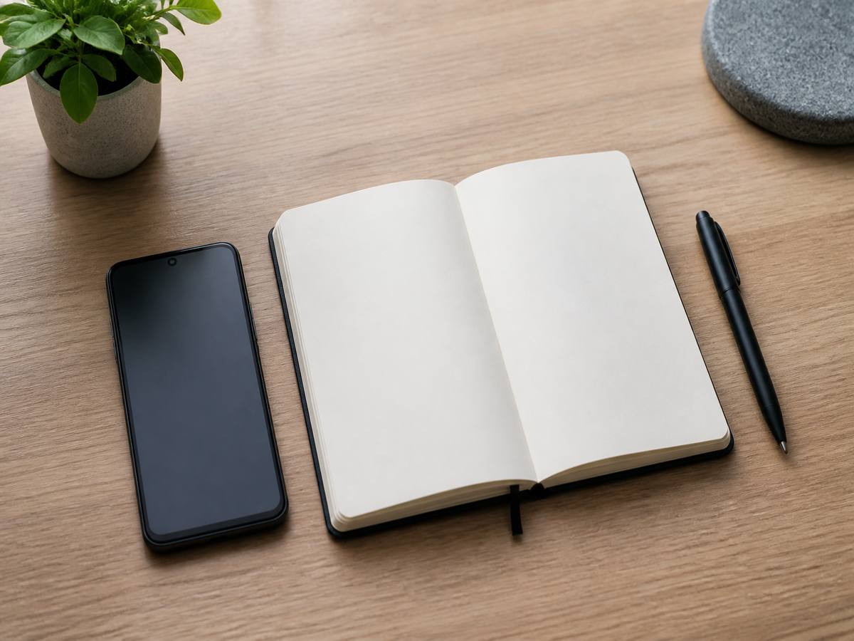 一般的なAndroidスマートフォンと、何も書かれていないノート、ペンが机に置かれている様子