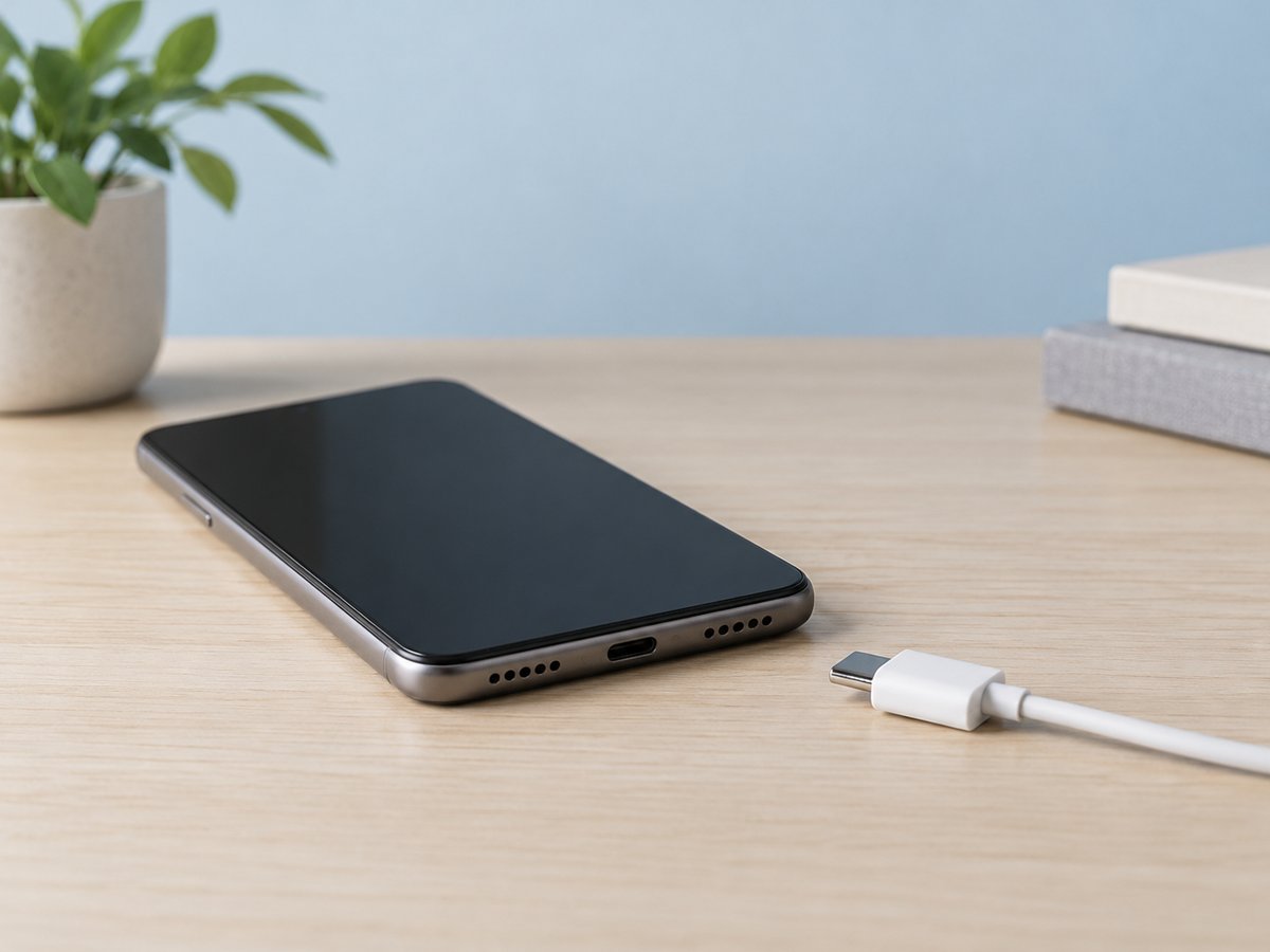 充電ケーブルを外し、木目の机に置いたスマートフォン