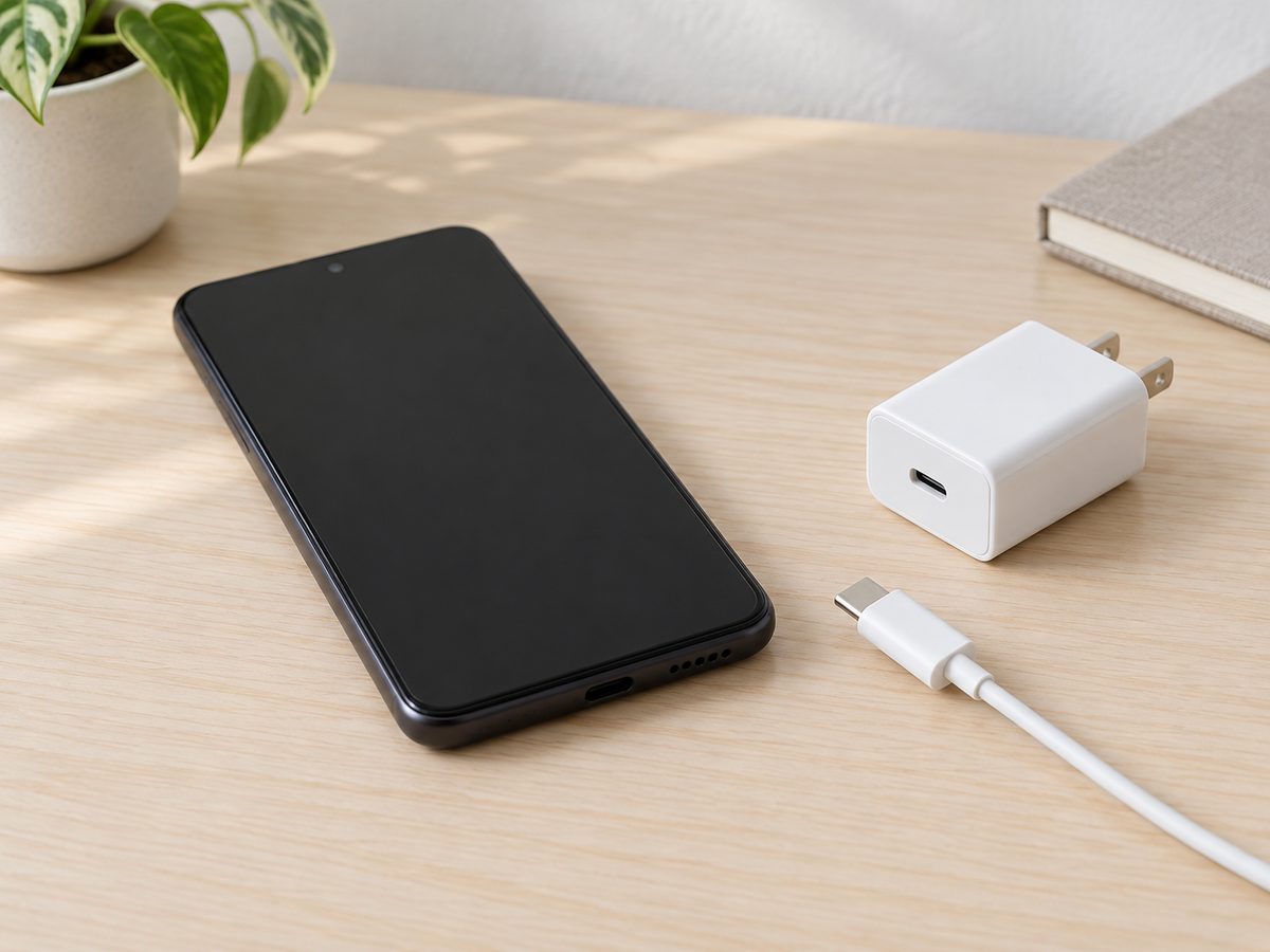 電源が切れた画面のスマートフォンと、接続前のUSB-Cケーブル