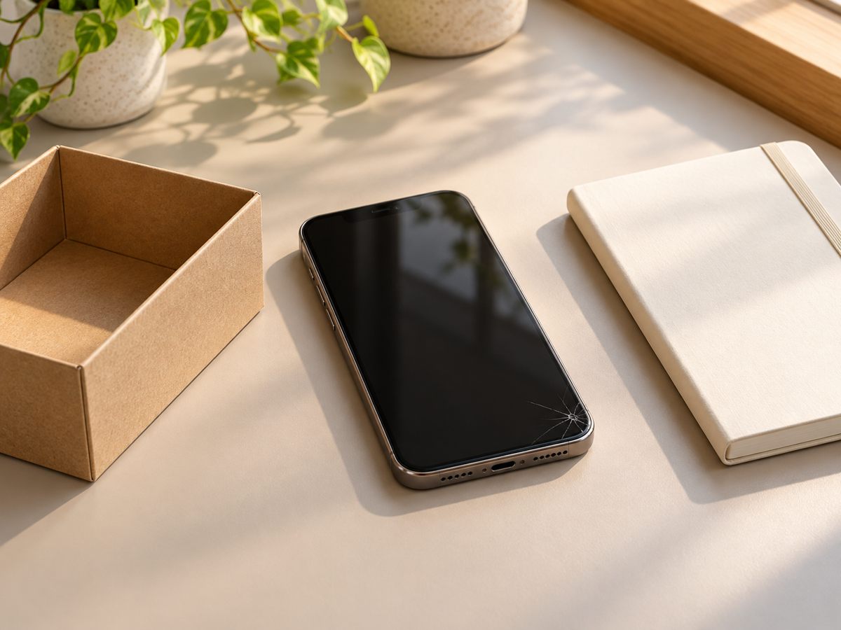 淡い色の机に置いた画面の角にひびがあるスマートフォンと空の箱、白いノート