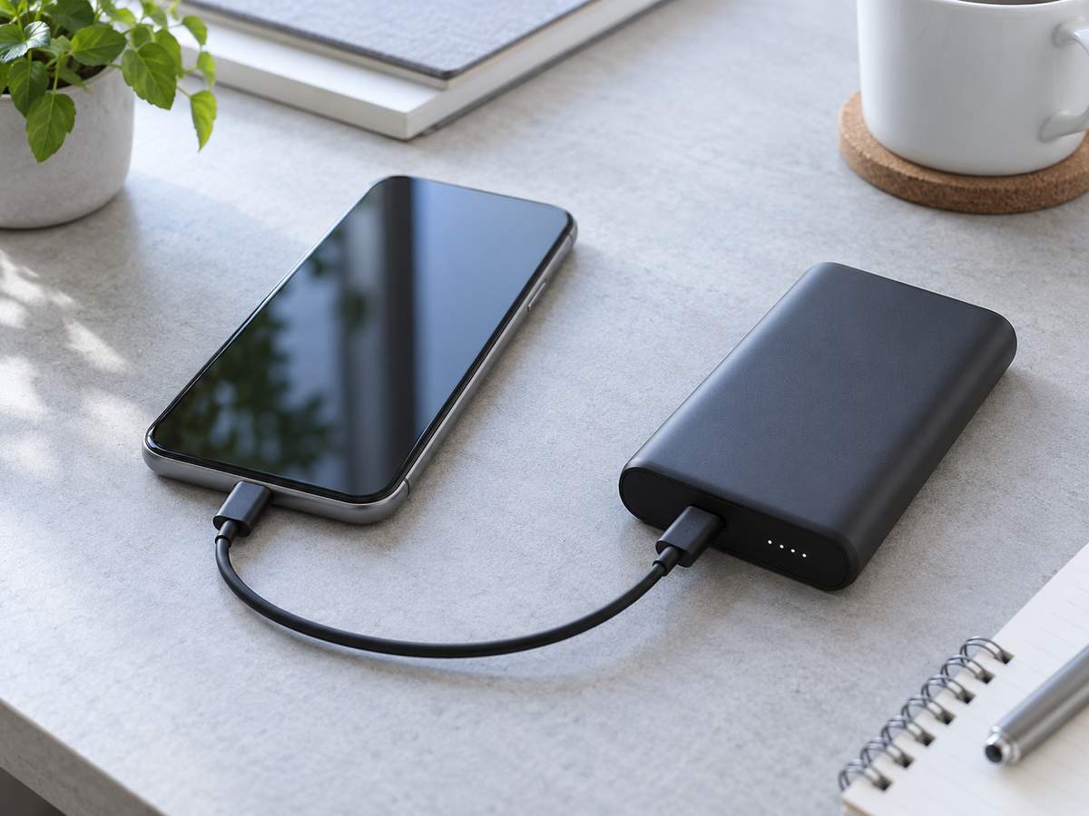 スマートフォンにつないだ無地のモバイルバッテリー