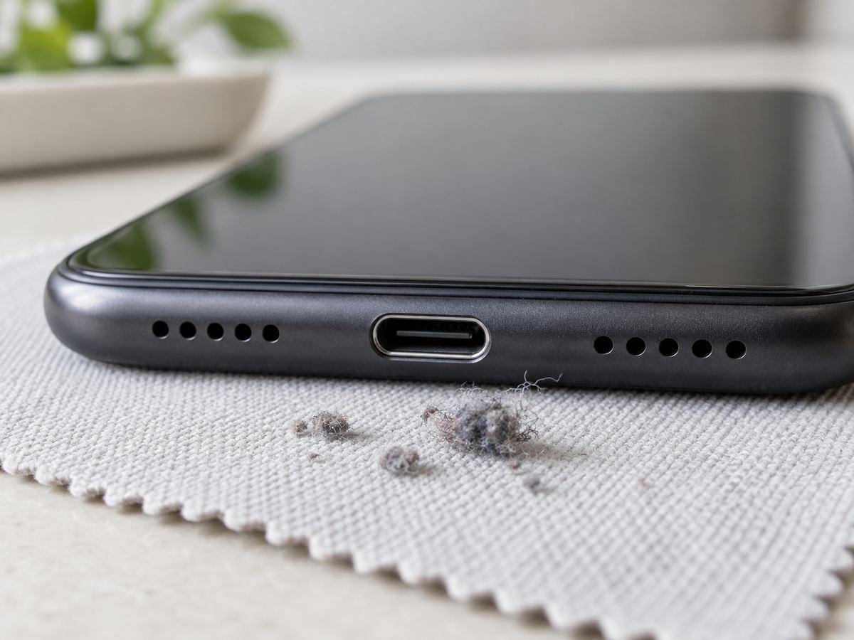 一般的なスマートフォンのUSB-C充電口と、その外側に落ちた小さな糸くず