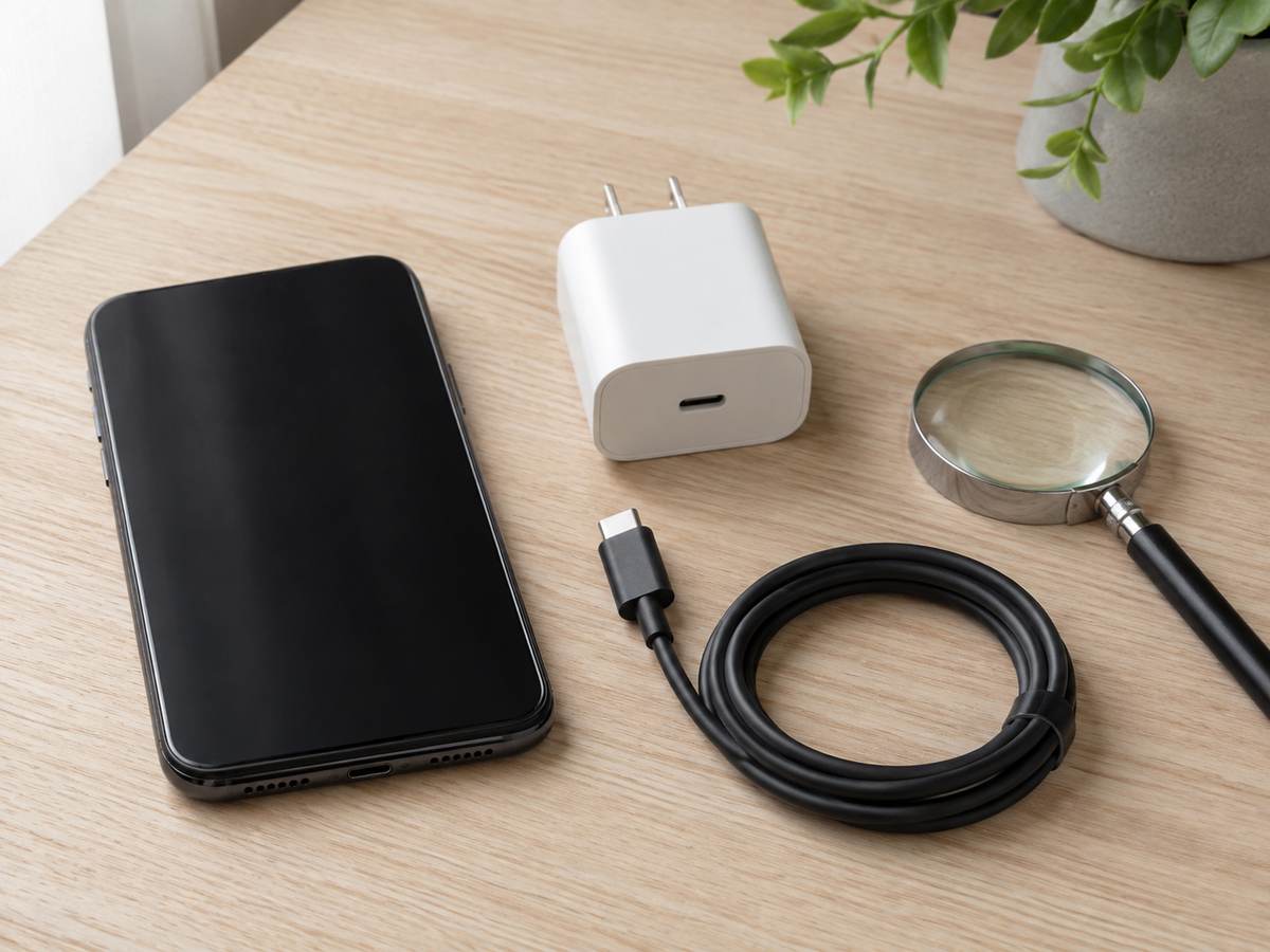 スマートフォン、USB-Cケーブル、充電器、拡大鏡を硬い机に分けて置いた様子