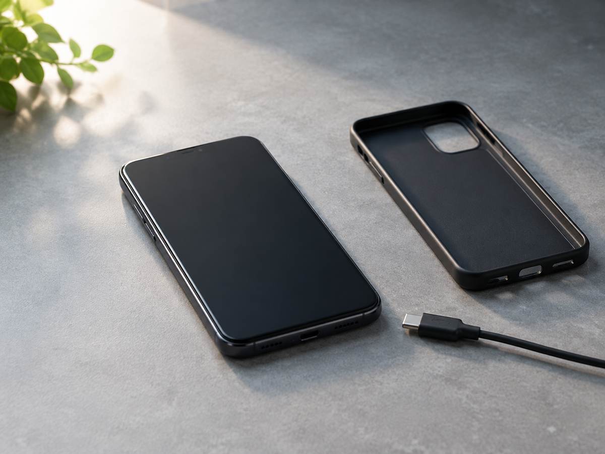 ケースとケーブルを外し、硬い机の上で休ませている一般的なスマートフォン