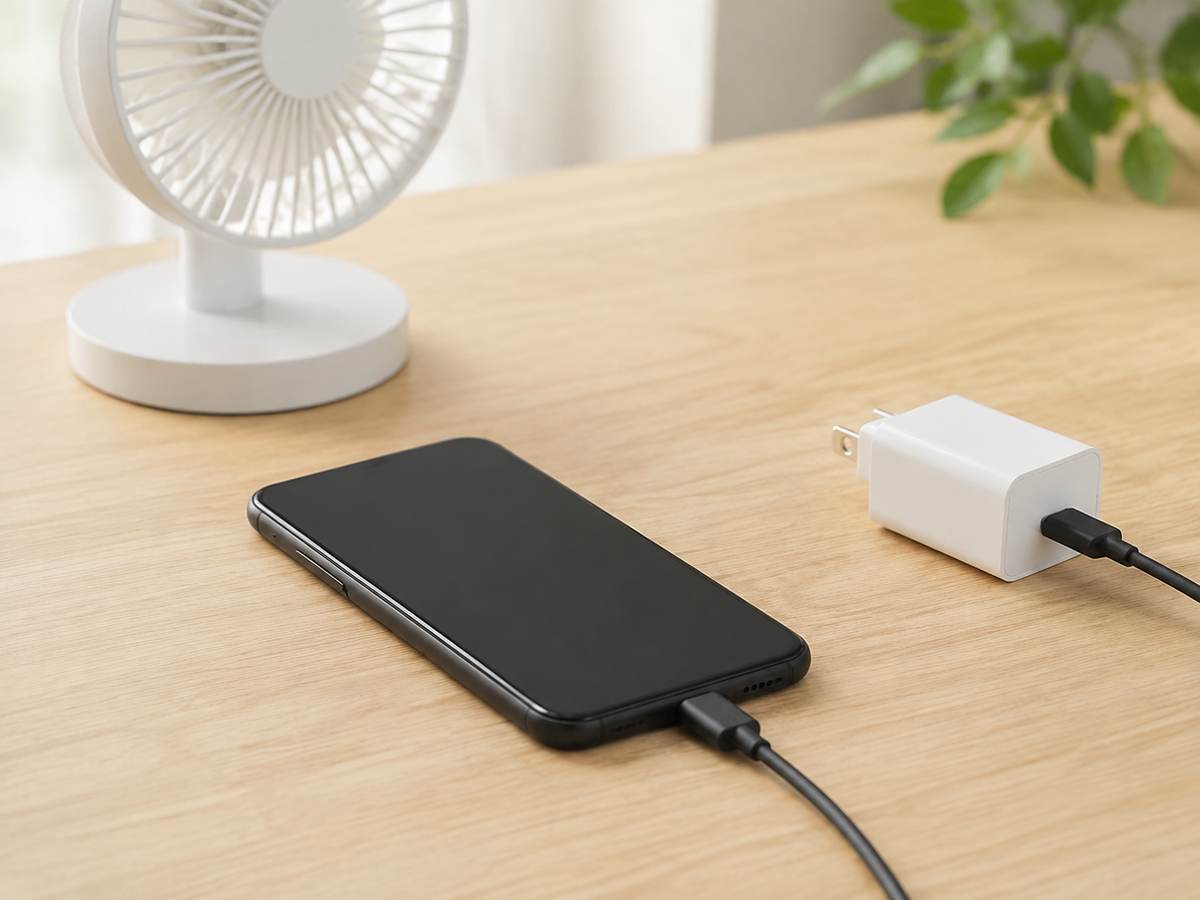 風通しのよい机で、ケーブルにつないで充電している一般的なスマートフォン