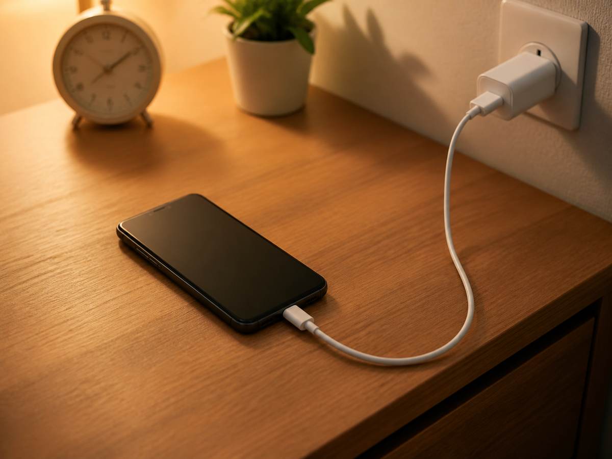 寝具に覆われていない硬い台の上で、周囲に空間を空けて充電している一般的なスマートフォン