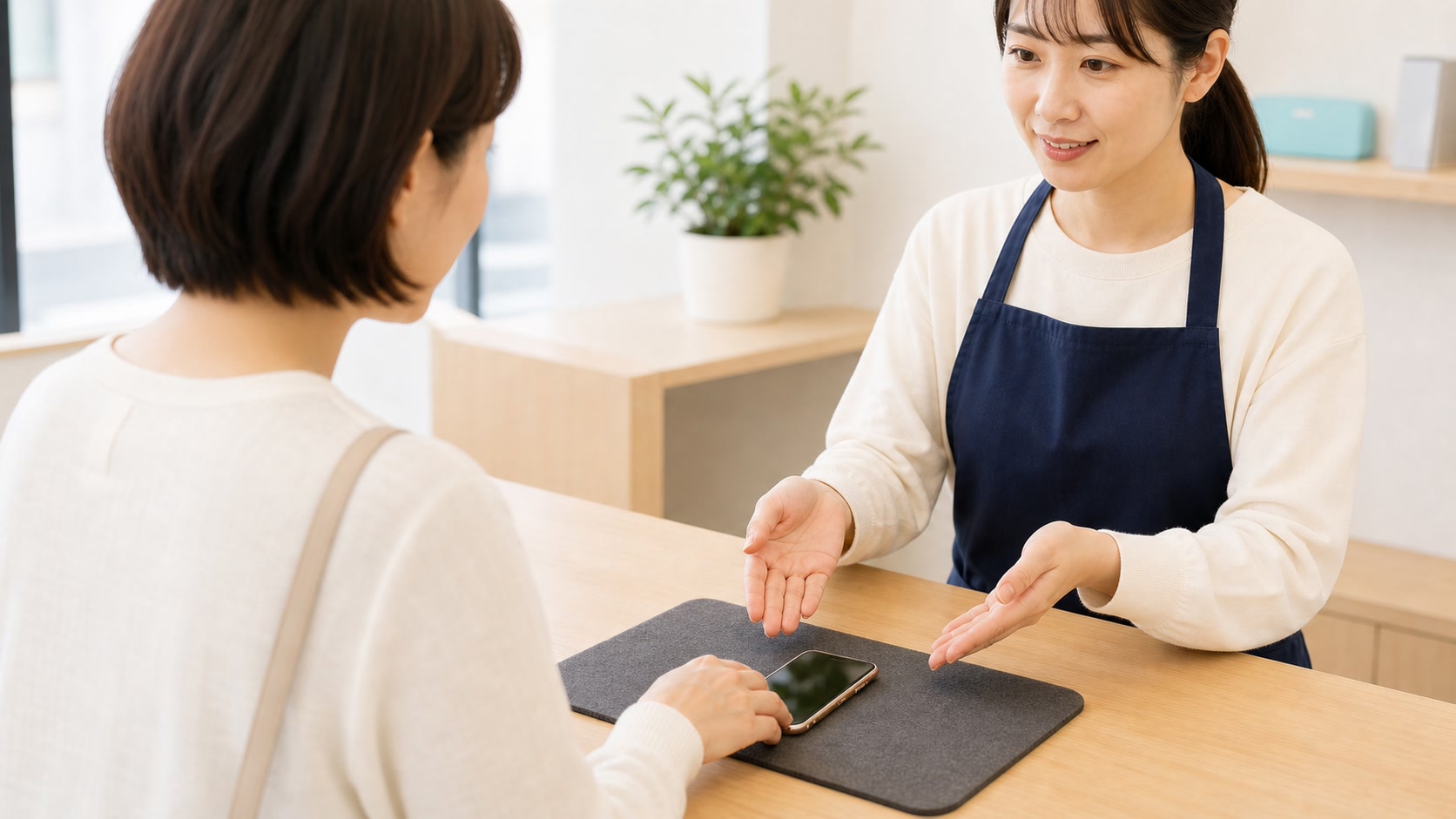 お客様がスマートフォンを店頭へ持ち込む様子