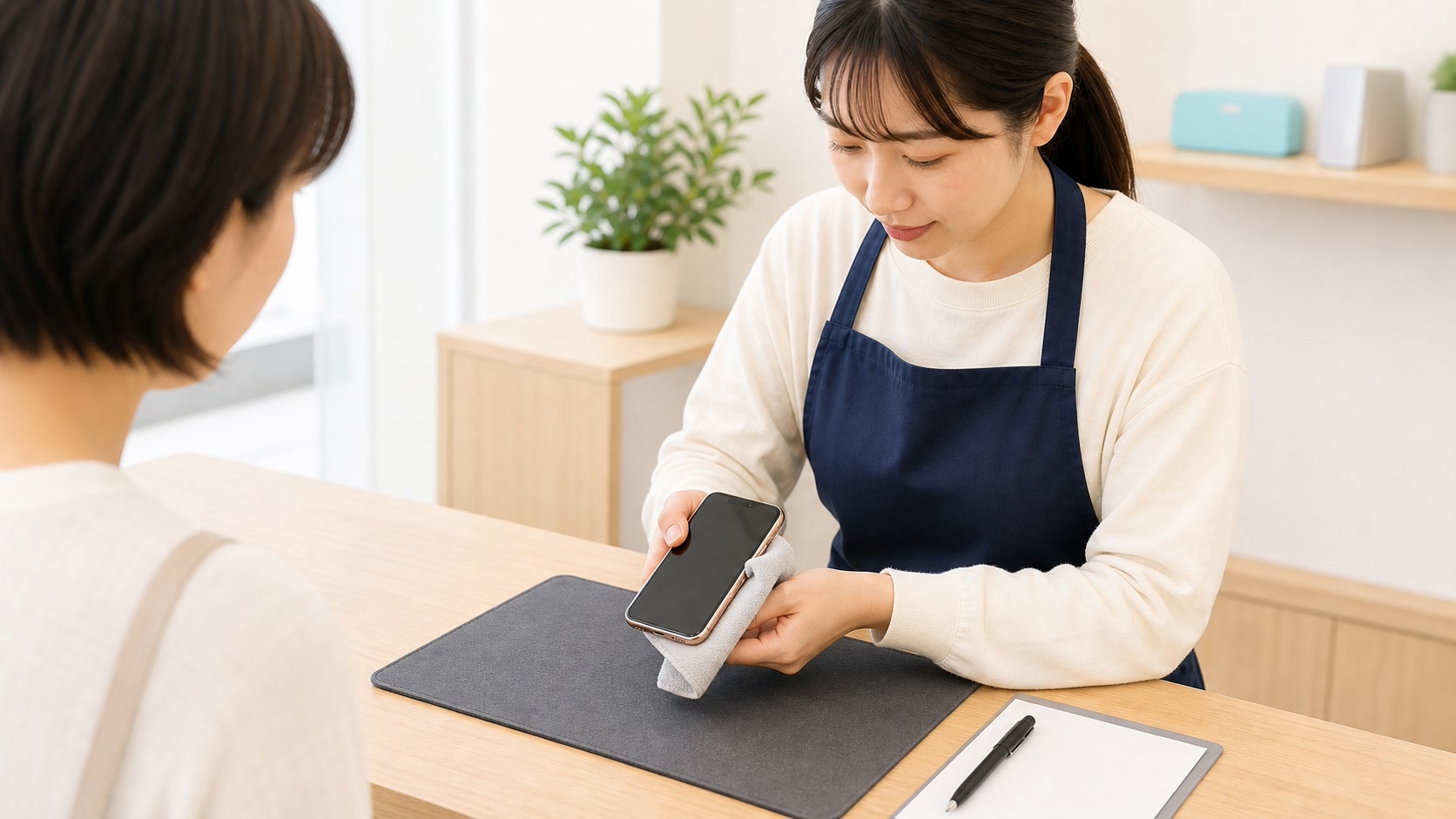 店舗スタッフがスマートフォンの状態を確認する様子
