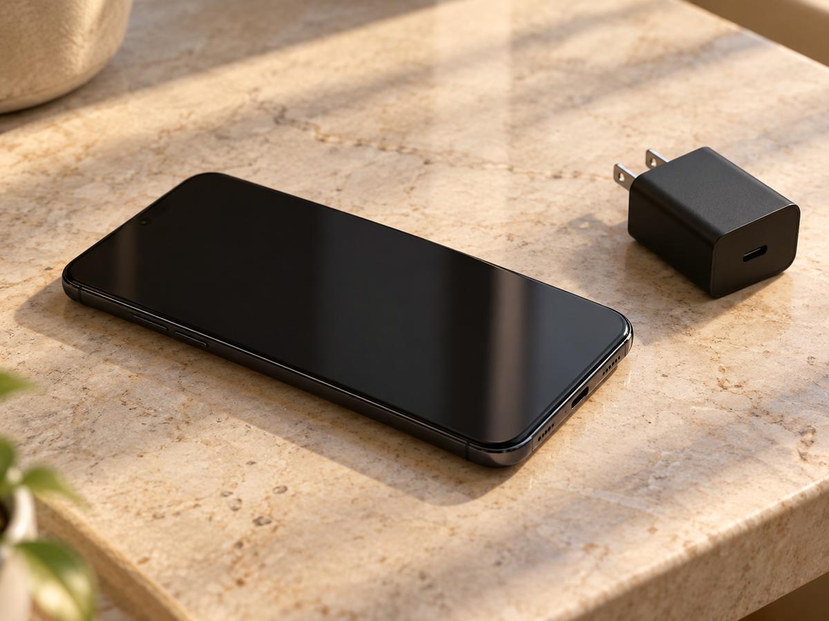 明るい石の机に置かれた暗い画面のスマートフォンと未接続の黒い電源アダプター