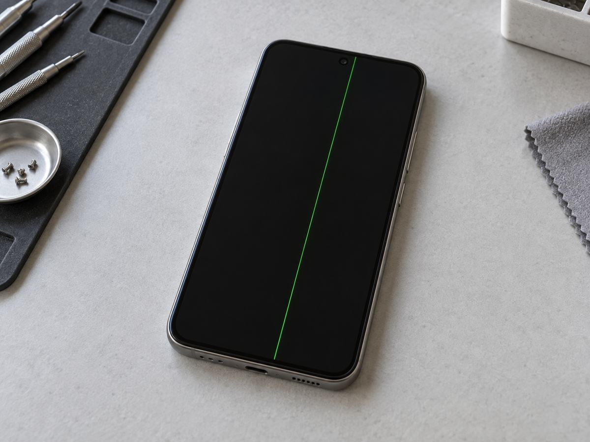 暗い画面に細い緑色の縦線が1本表示された一般的なスマートフォン