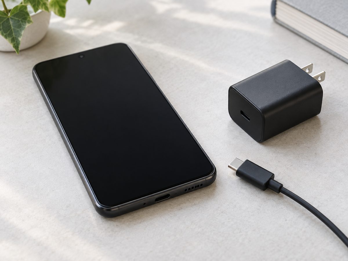 画面が消えたスマートフォンと、接続していないUSB-Cケーブルと充電器