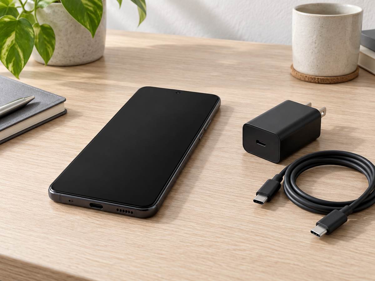 画面が消えた一般的なAndroidスマートフォンと、接続していないUSB-C充電器