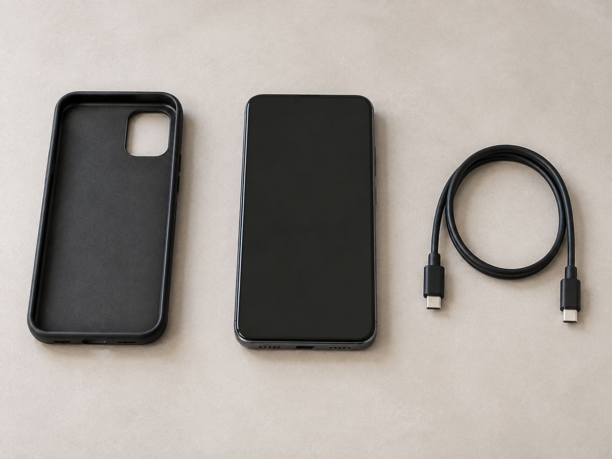 一般的なスマートフォン、取り外した黒いケース、接続していないUSB-Cケーブルが机に置かれている様子