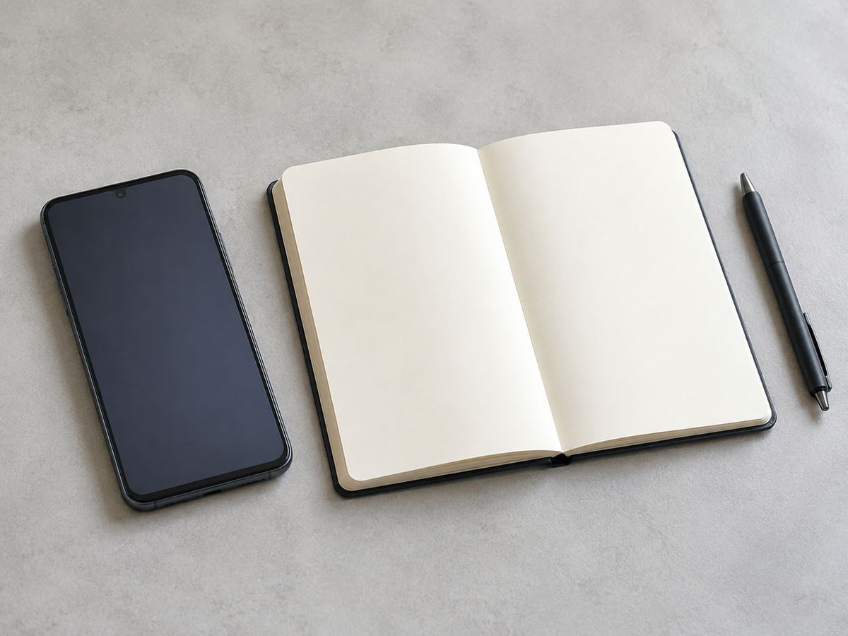一般的なスマートフォン、何も書かれていないノート、ペンが机に置かれている様子