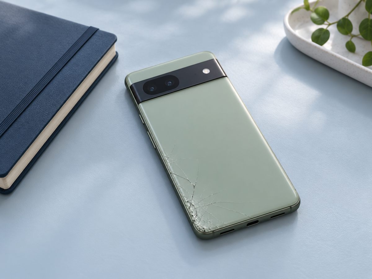 青灰色の机に置いた背面の角にひびがある淡い緑色のスマートフォンと青いノート