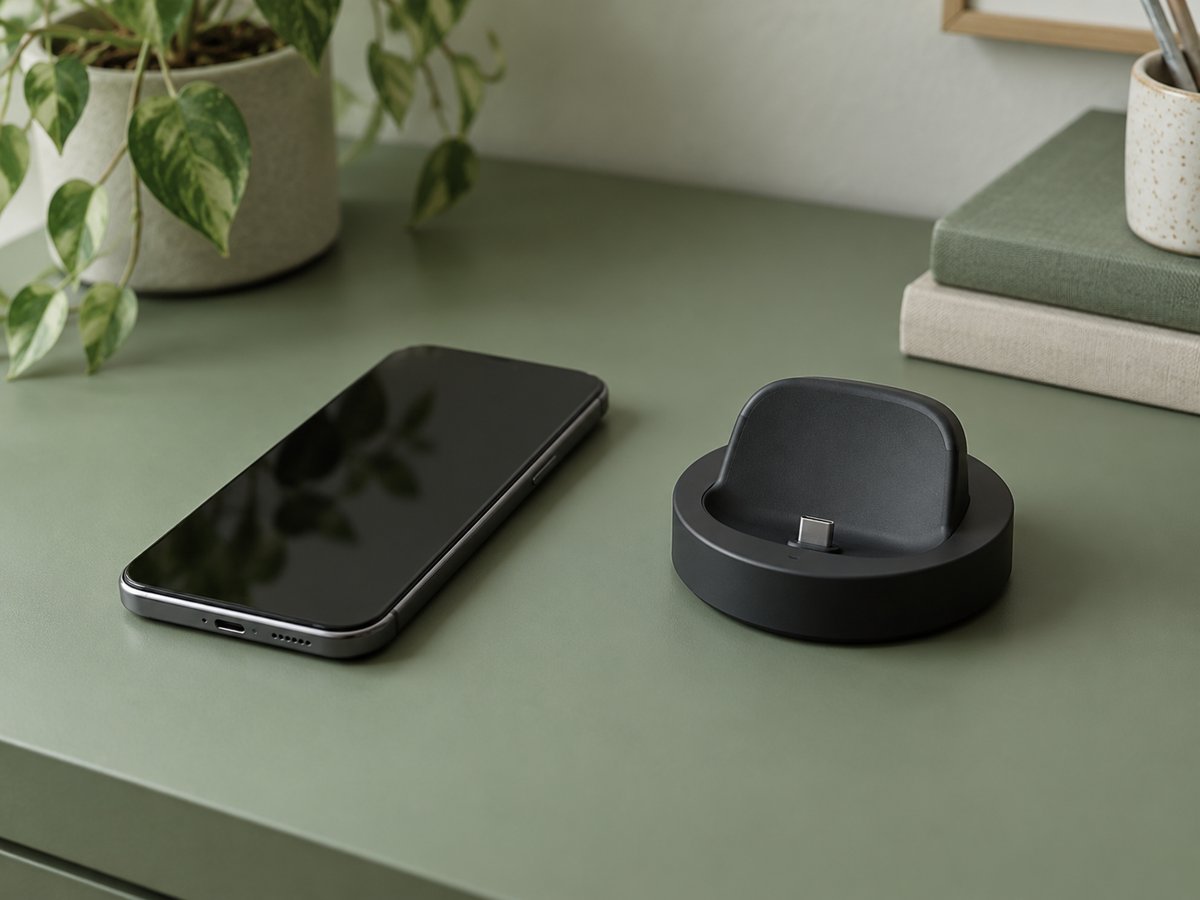 充電台と離して置いた、画面を消したスマートフォン