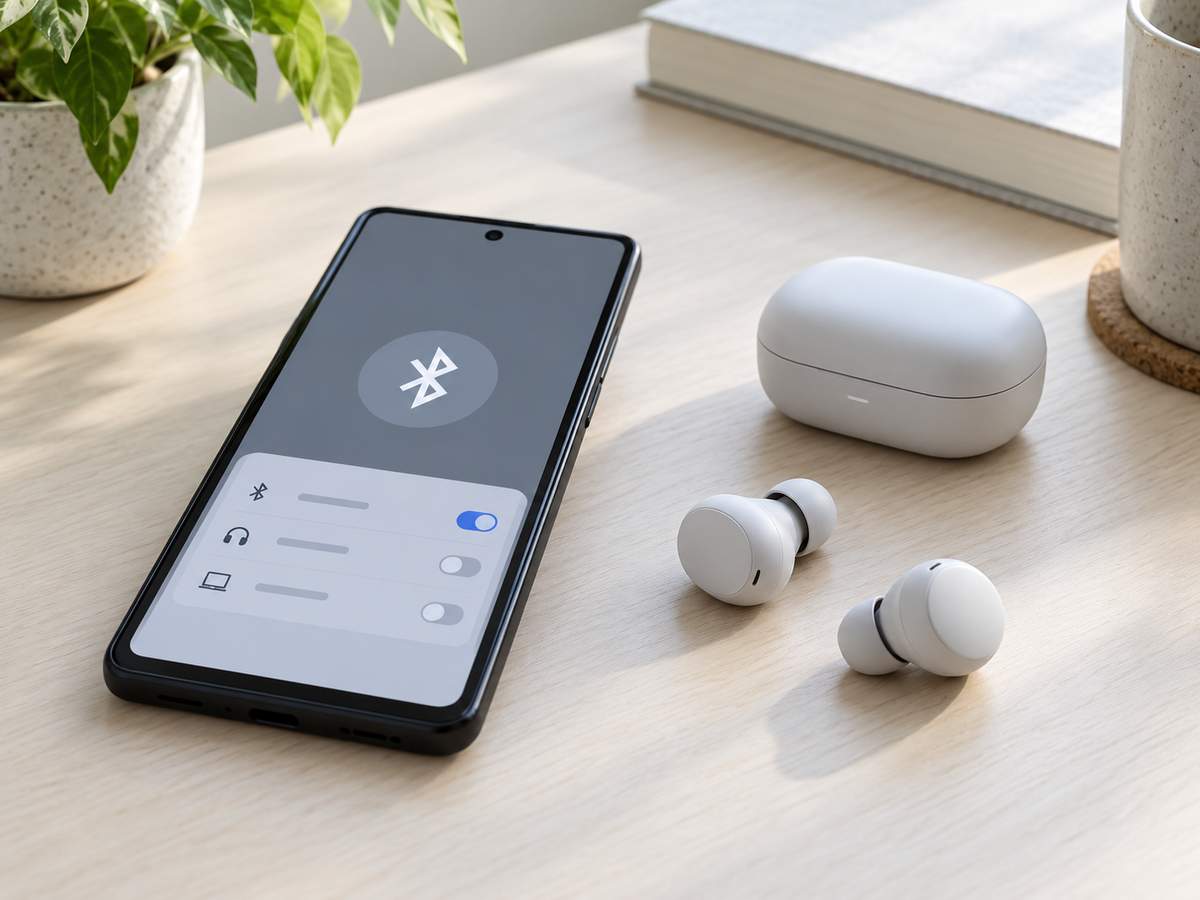 Bluetooth設定の画面を表示した一般的なスマートフォンと無線イヤホン
