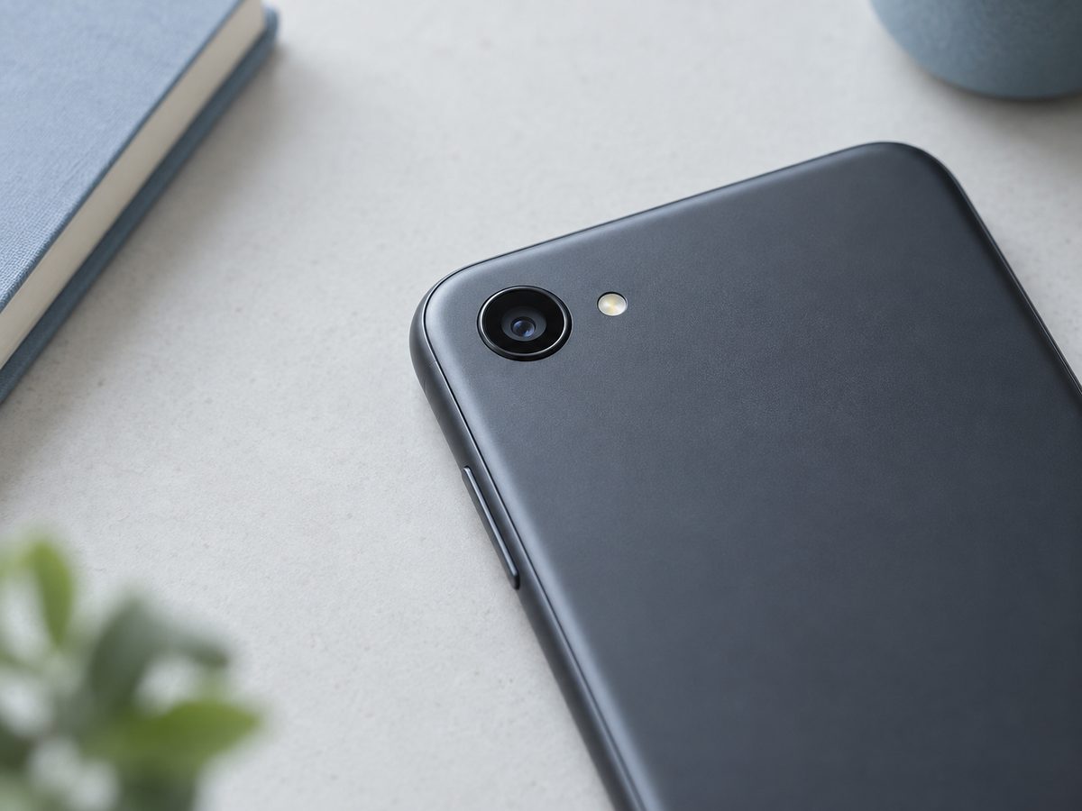 淡いグレーの机に置かれた黒いスマートフォンの背面カメラ