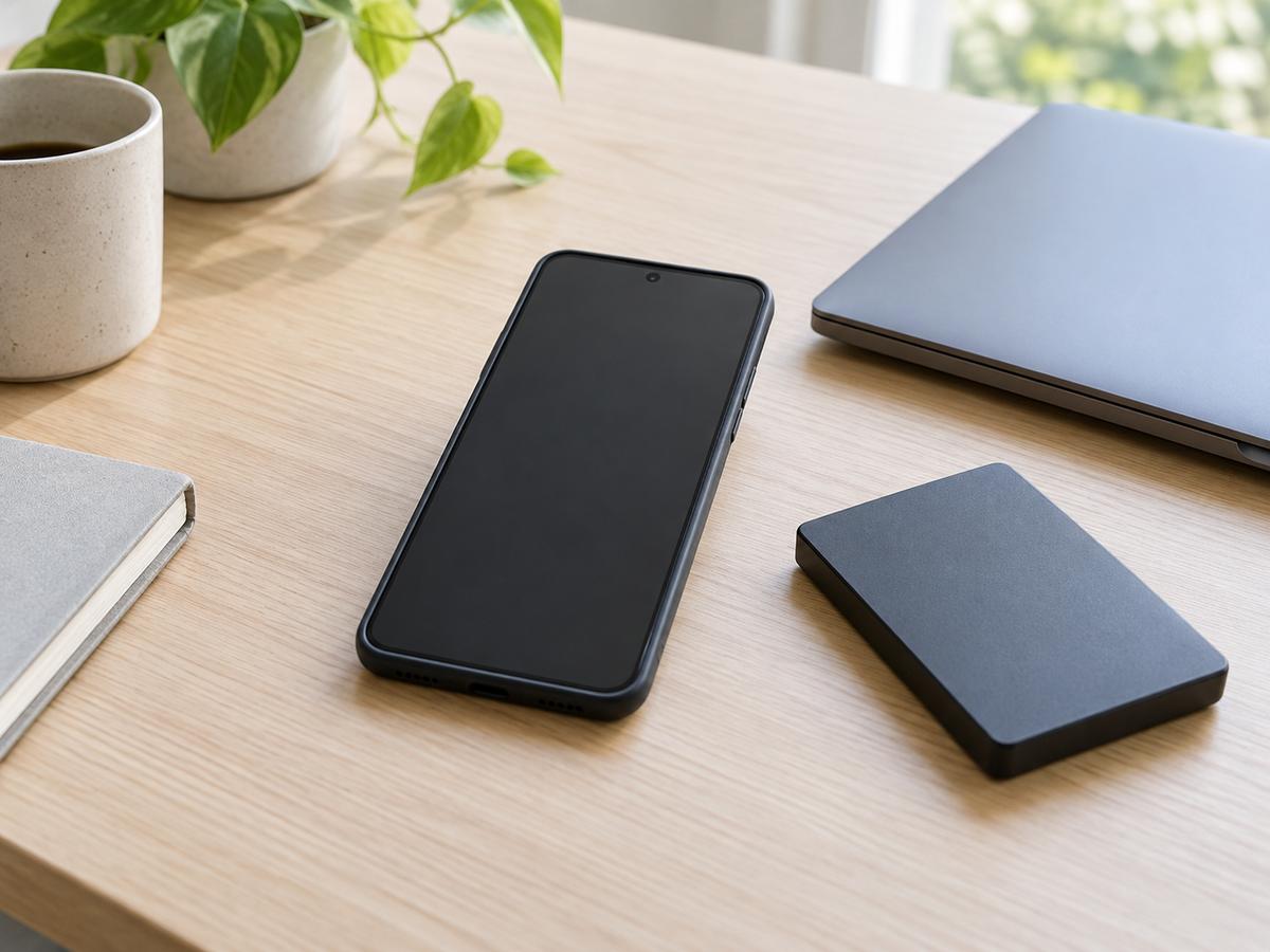 画面が消えたスマートフォンとノートパソコン、黒い小型機器