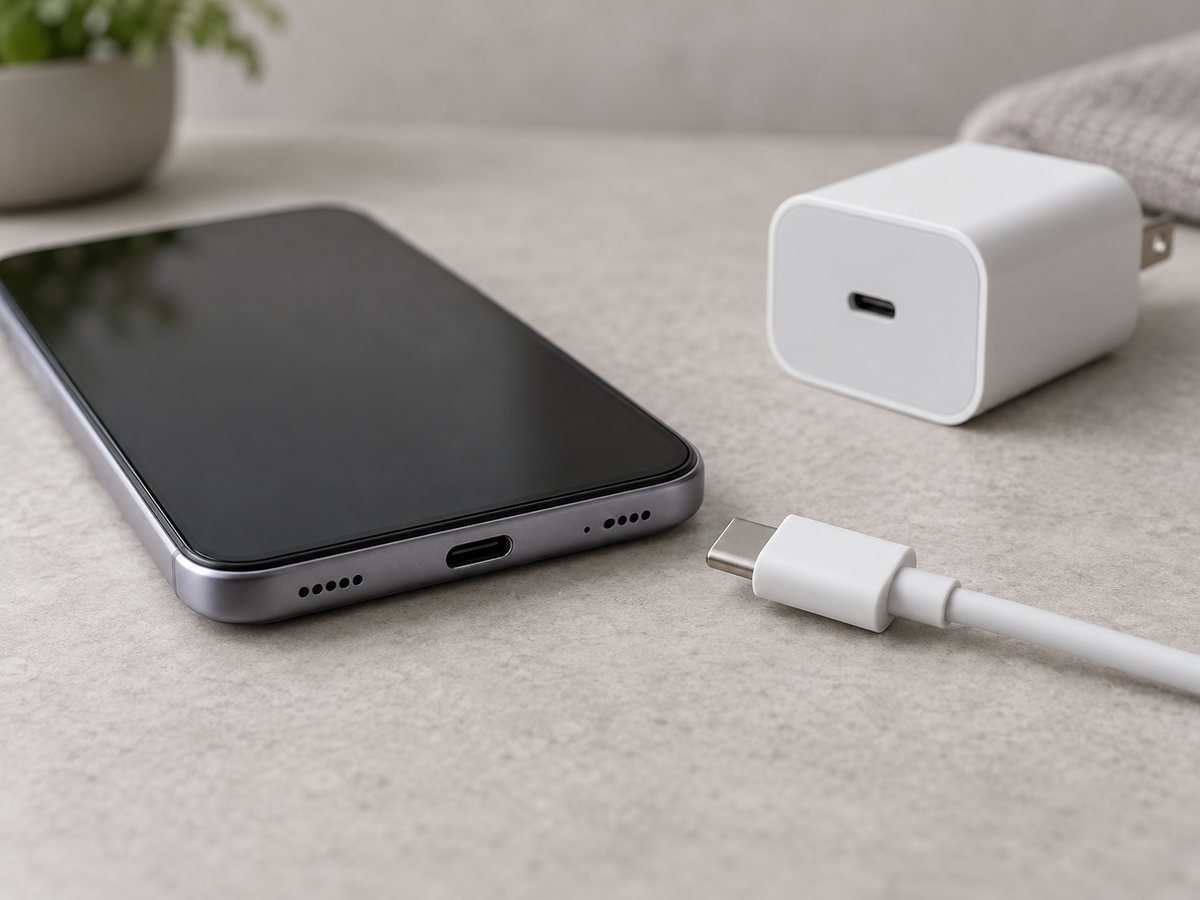 一般的なスマートフォンのUSB-C端子と、横に置いた充電ケーブルと電源アダプタ