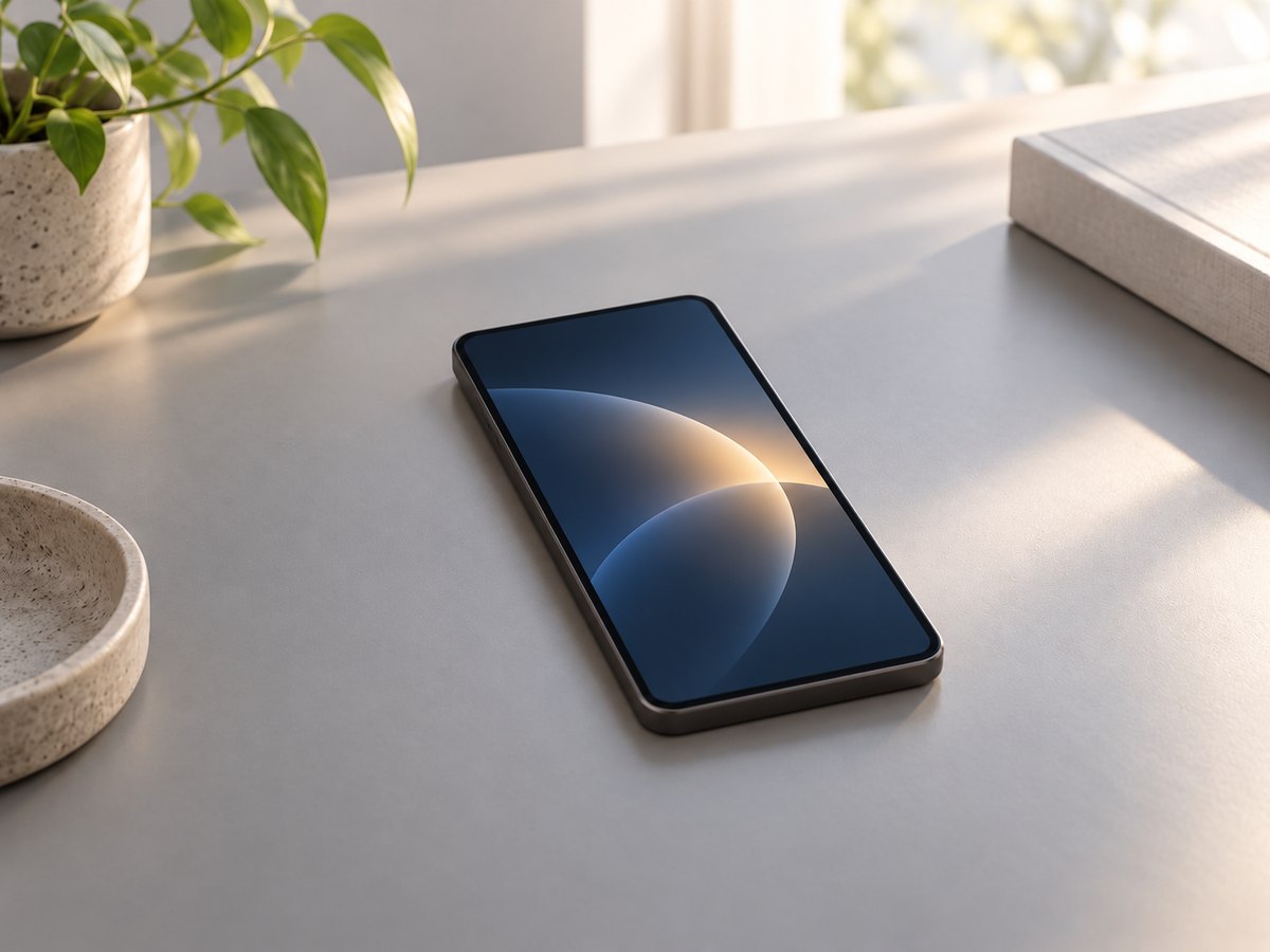 机に置かれた一般的なスマートフォンの画面が柔らかく光る様子