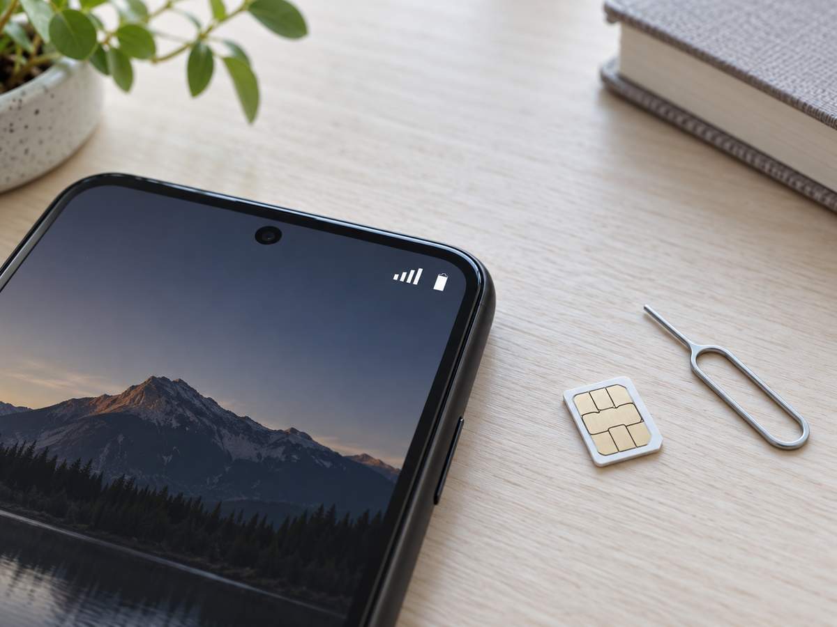 アンテナ表示のある一般的なスマートフォンとSIMカード