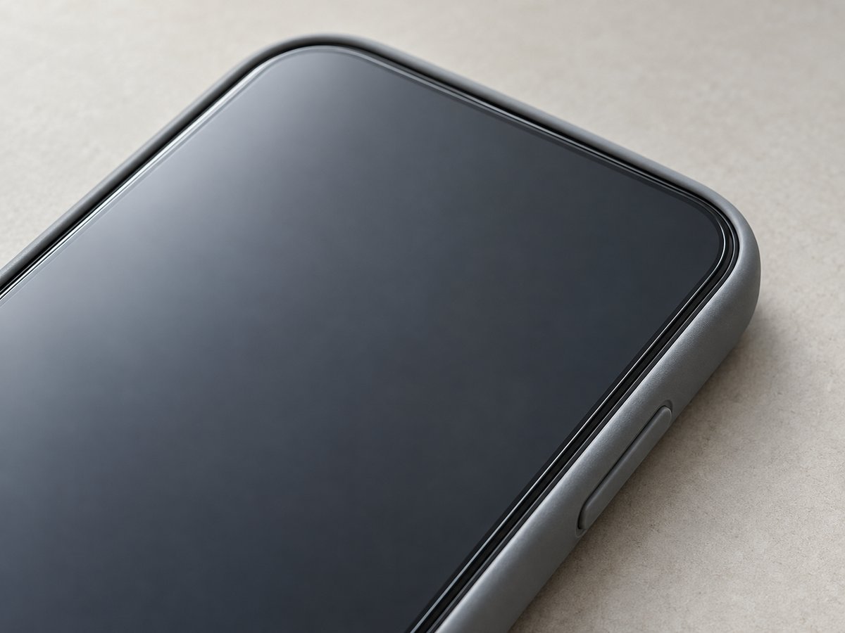 ケースに入ったスマートフォンの暗い画面と平らな保護シートの縁