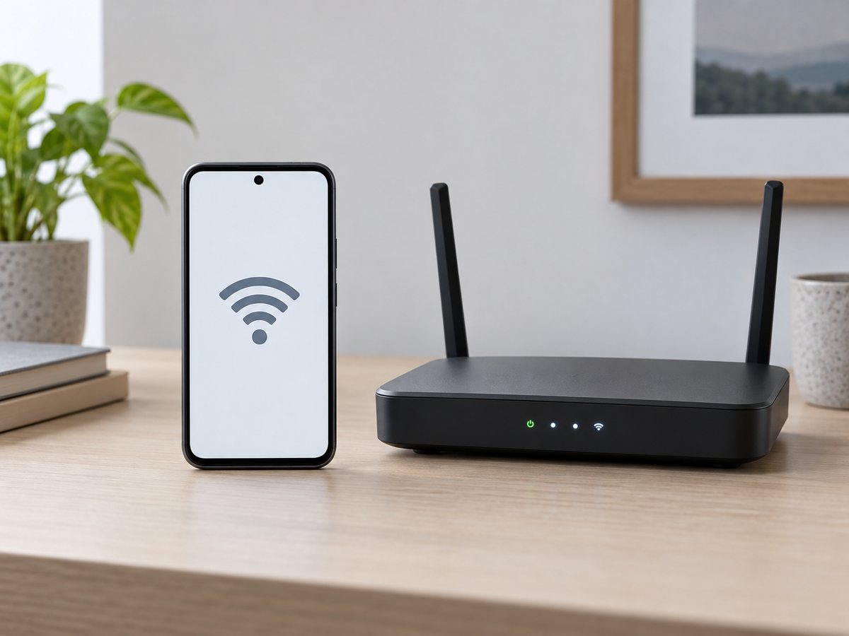 Wi-Fiマークを表示した一般的なスマートフォンと家庭用ルーター