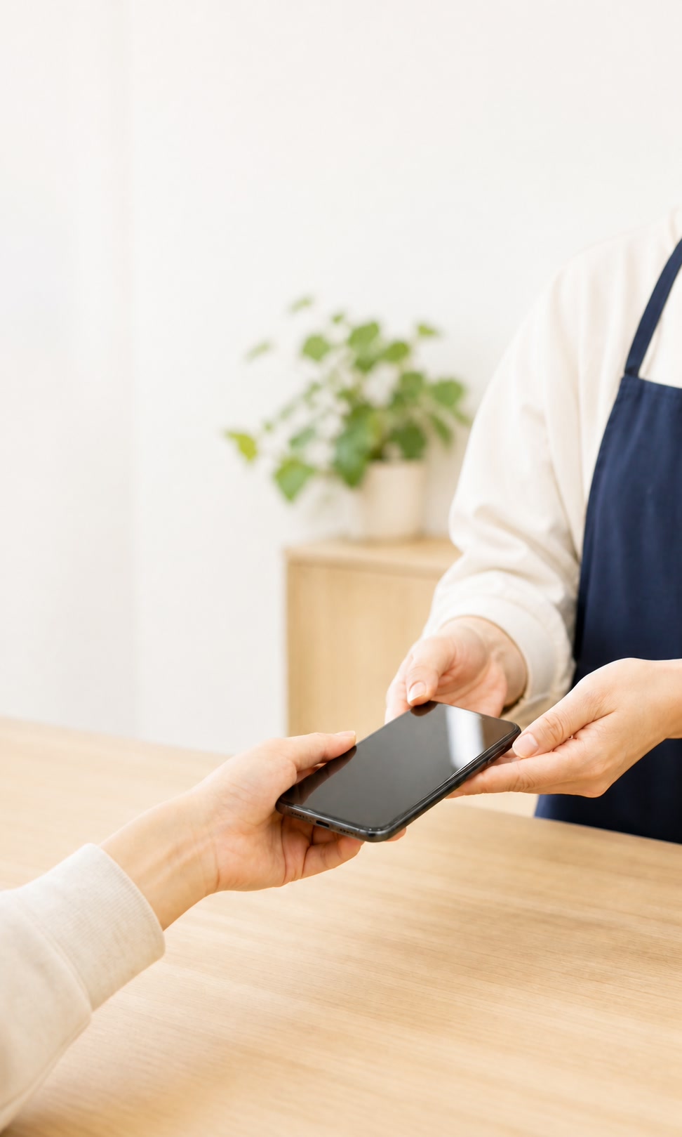 スマートフォンを店舗スタッフへ渡して査定を依頼する様子
