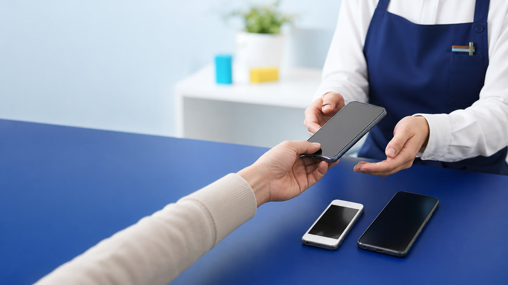 スマートフォンを店舗スタッフへ渡して査定を依頼する様子