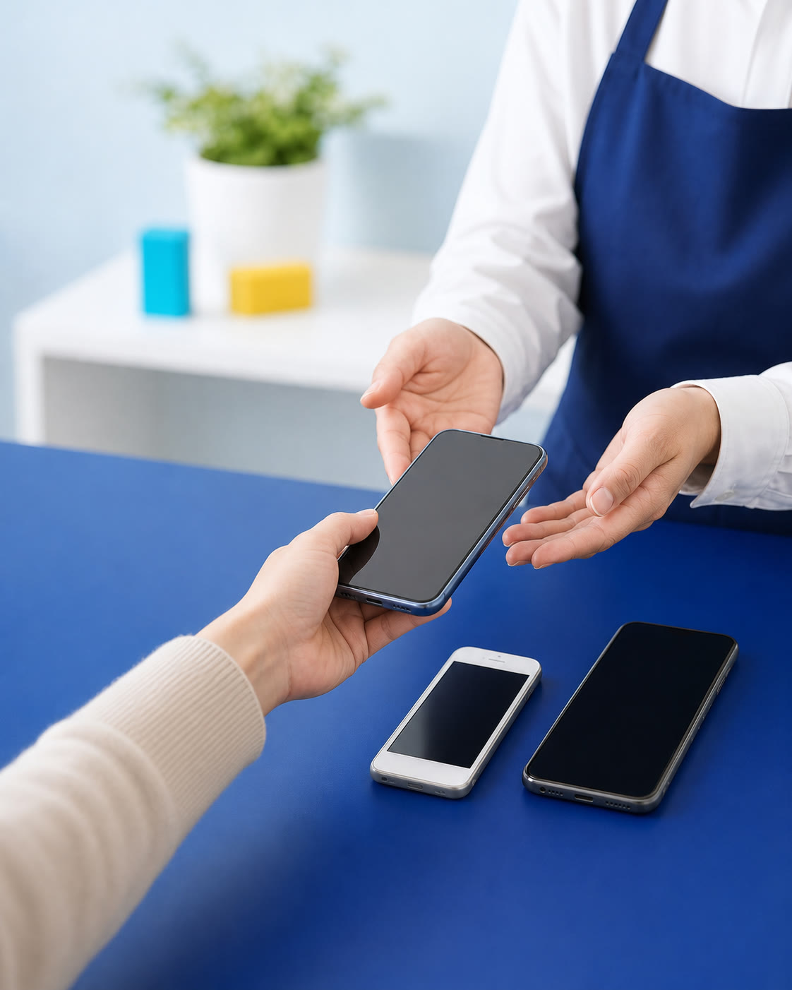 スマートフォンを買取査定のため店舗カウンターで受け渡すイメージ