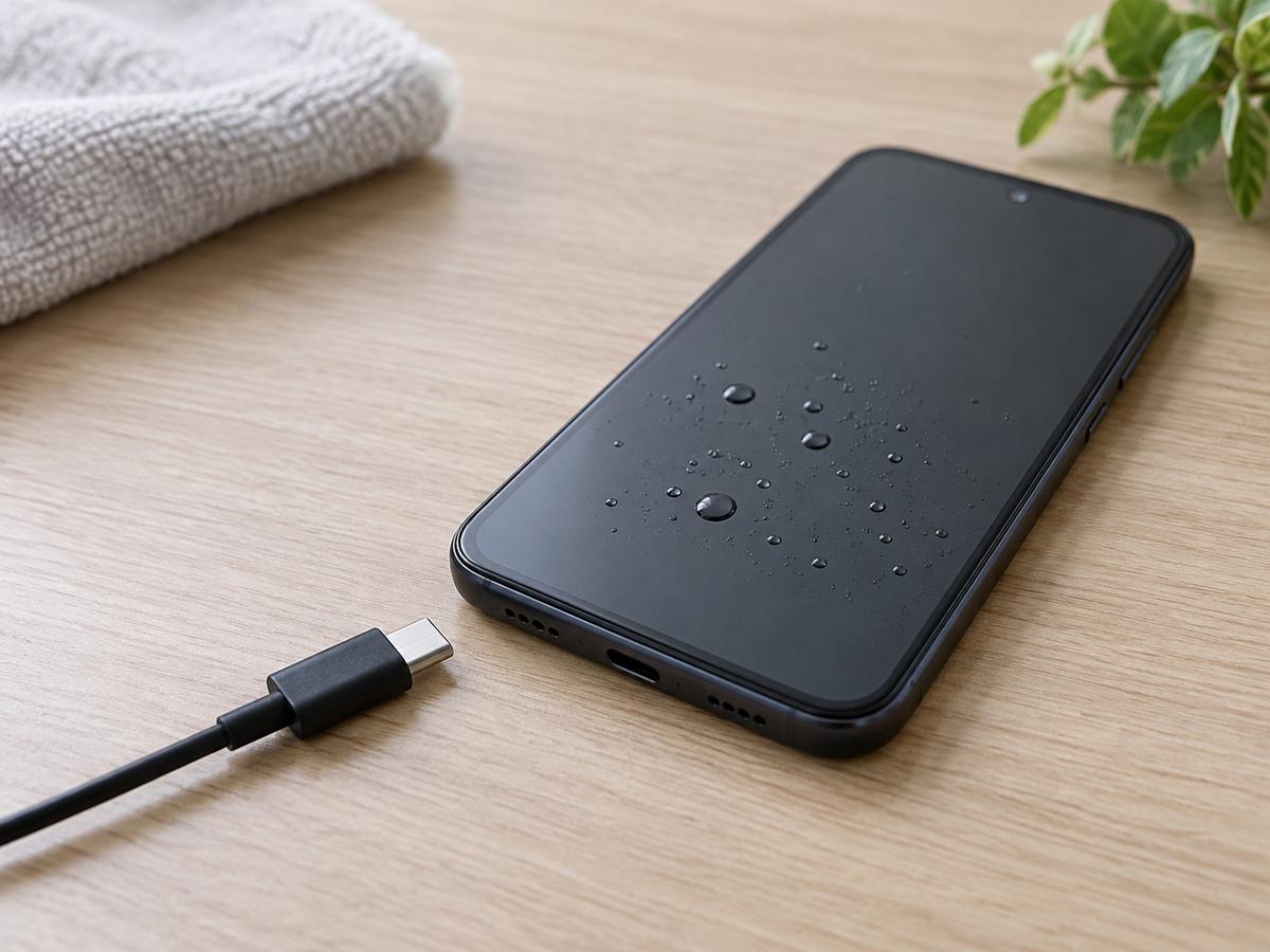 ガラスに小さな水滴があるスマートフォンと、接続されていないケーブル