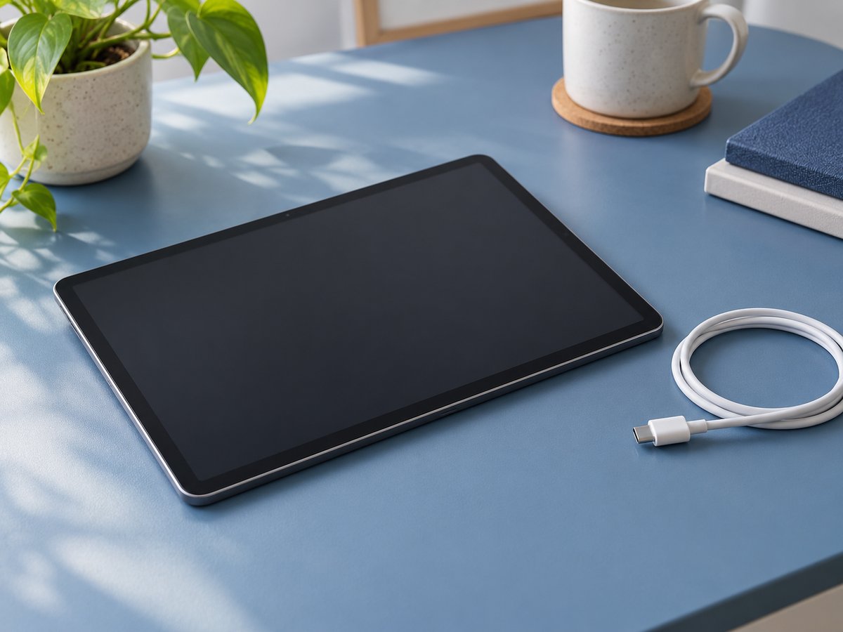 青い机に置かれた暗い画面のタブレットと接続されていない充電ケーブル