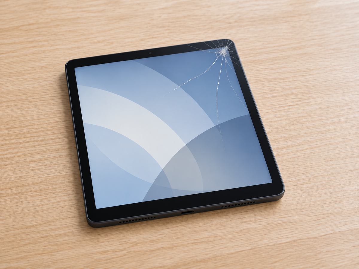 角にひびが入った画面のタブレット
