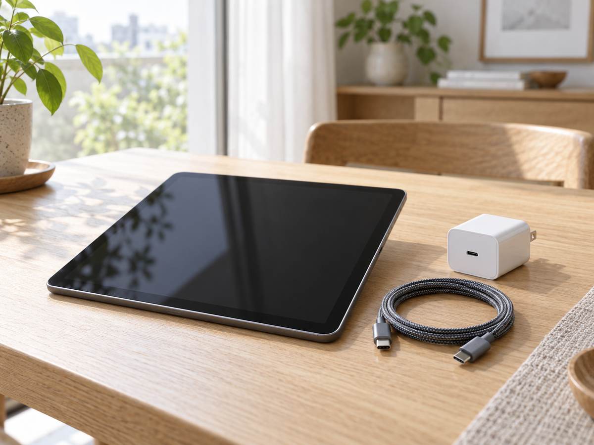 充電ケーブルと電源アダプタの横に置かれた画面の暗いタブレット