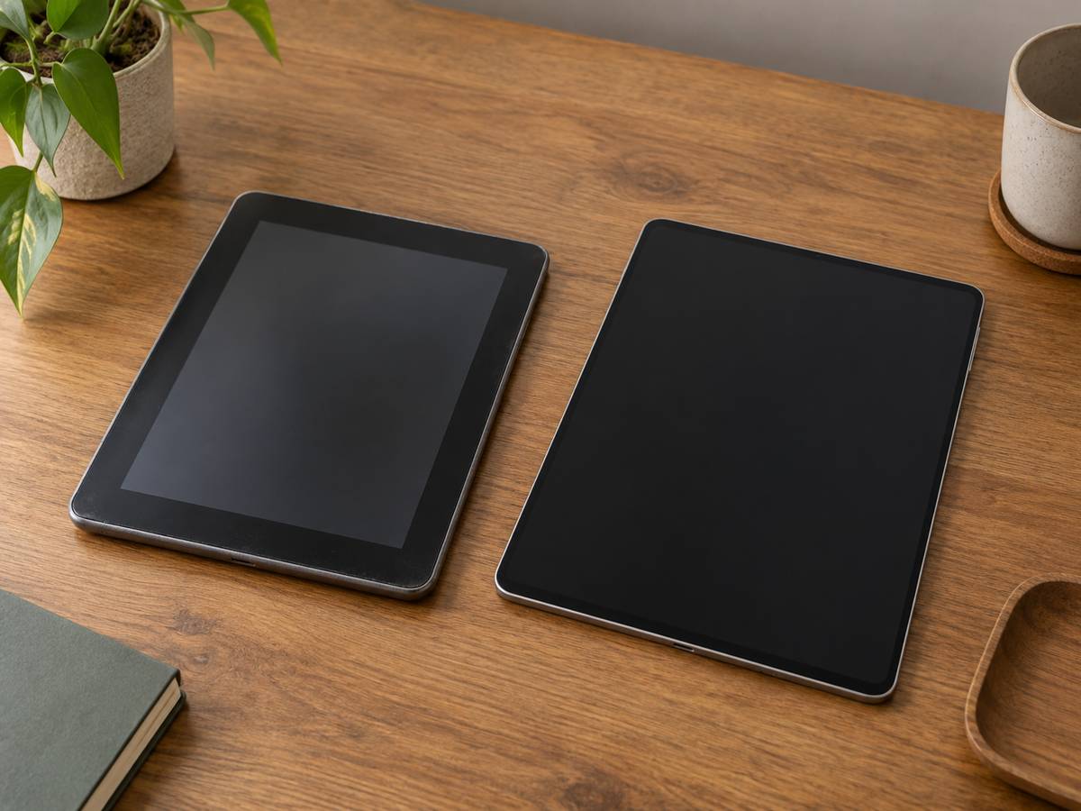 画面を消した古いタブレットと、新しいタブレットを並べた机