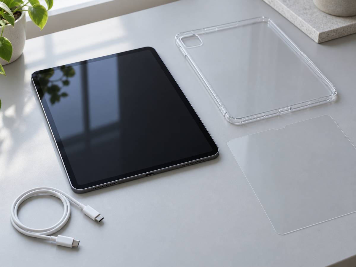 一般的なタブレット、透明なケース、透明な保護フィルム、USB-Cケーブルが明るい机に並んでいる様子