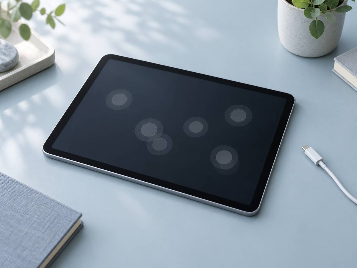 淡い青色の机に置かれた一般的なタブレット画面に、複数の半透明な円形表示が重なっている様子