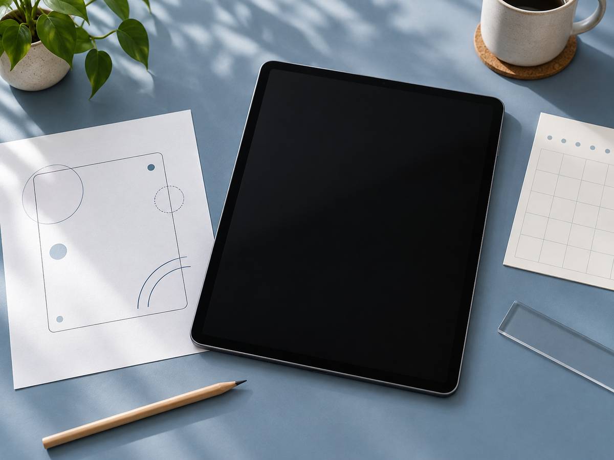 画面を消した一般的なタブレット、図形だけの記録用紙、無地の鉛筆、透明な定規が青い机に置かれている様子