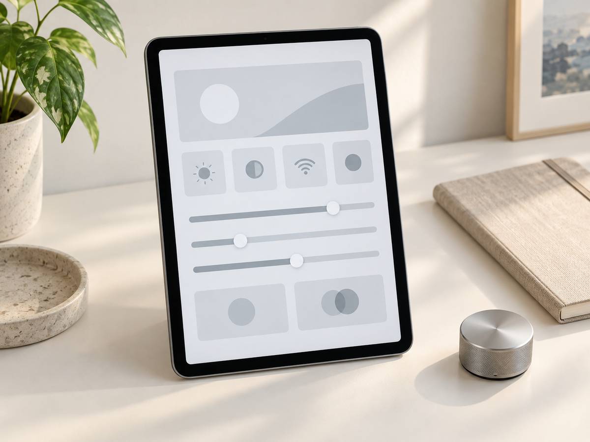 淡い操作項目が表示された一般的なタブレットと、無地のノートが明るい机に置かれている様子