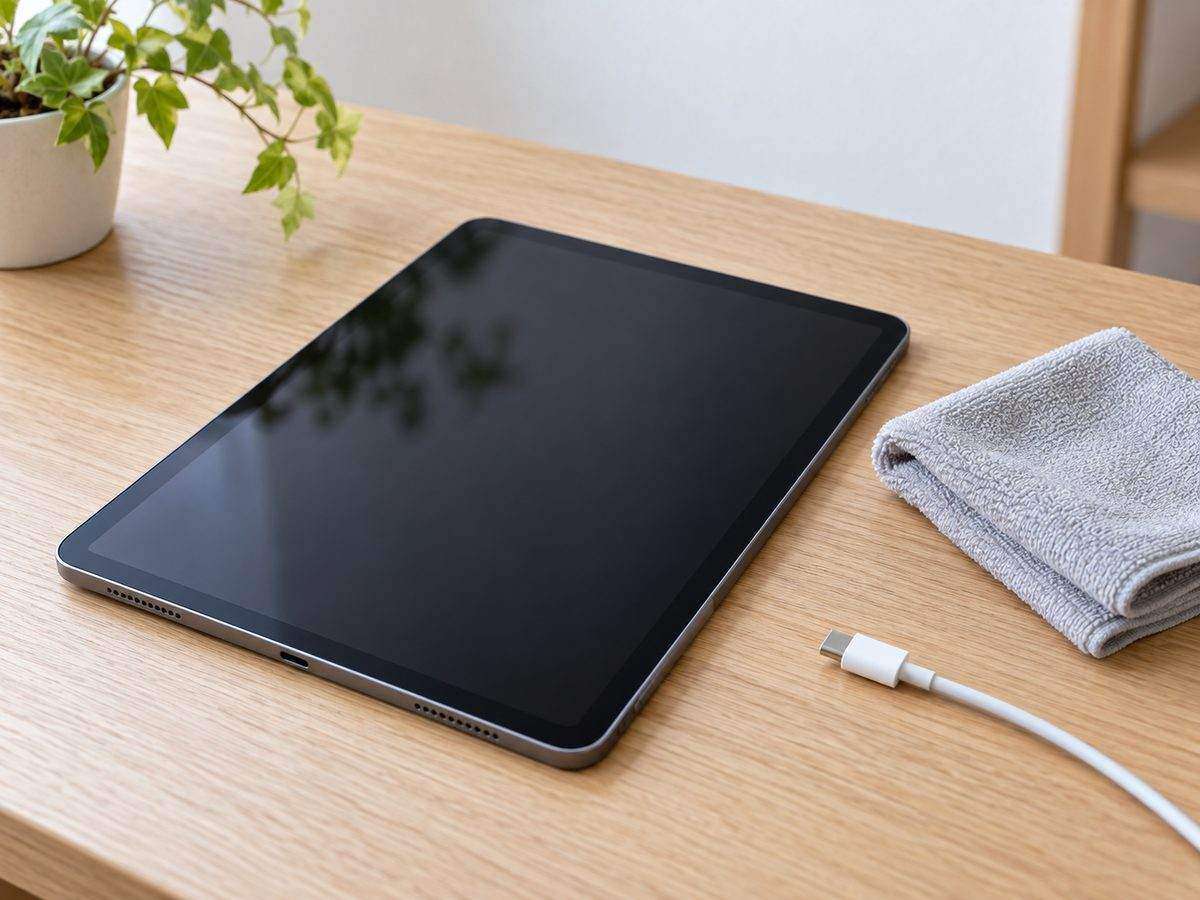 画面が暗いタブレットと、離して置いた充電ケーブル