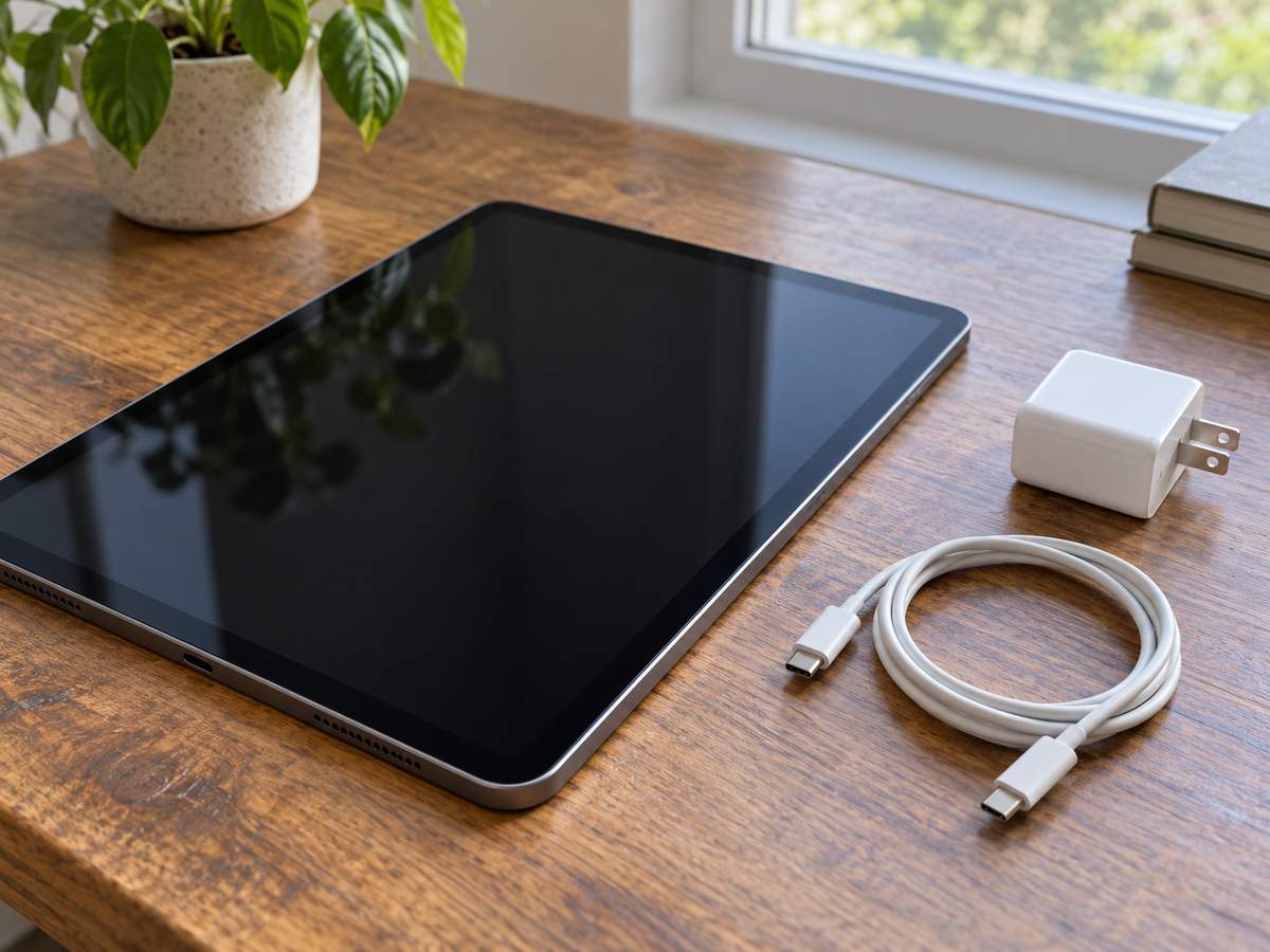 画面が消えたタブレットと充電ケーブル、電源アダプタ