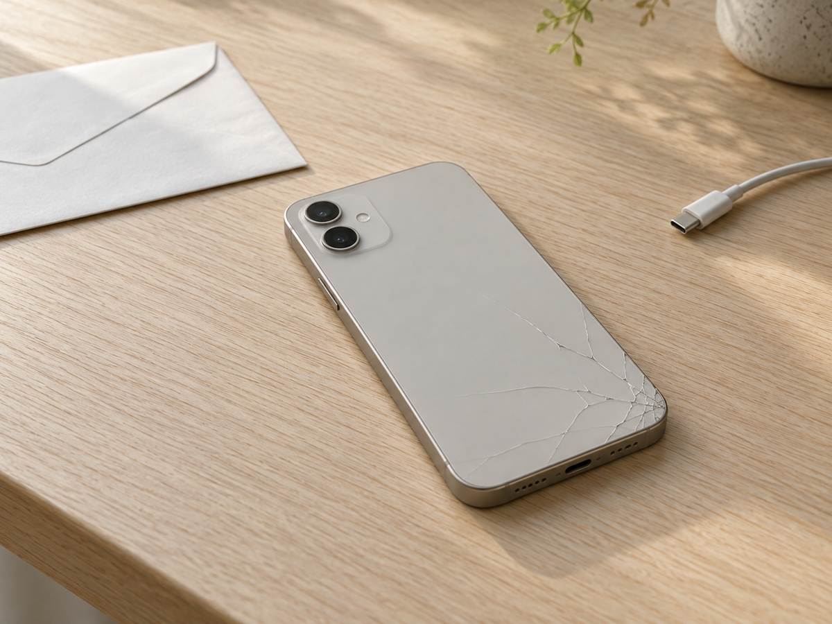 木の机に置いた背面の角にひびのある淡い色のスマートフォンと白い封筒、未接続のケーブル