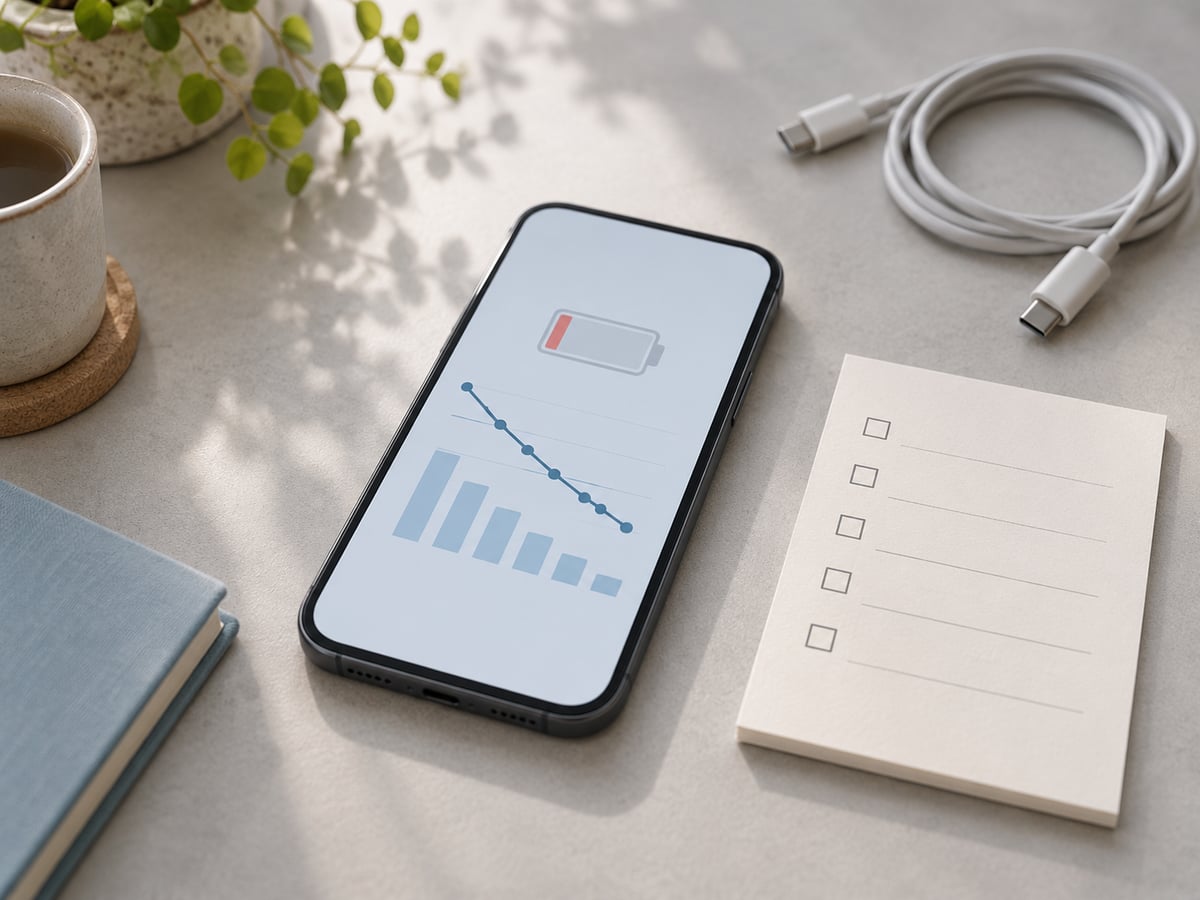 バッテリーの減りを示すグラフと残量表示があるスマートフォン、確認用のメモ