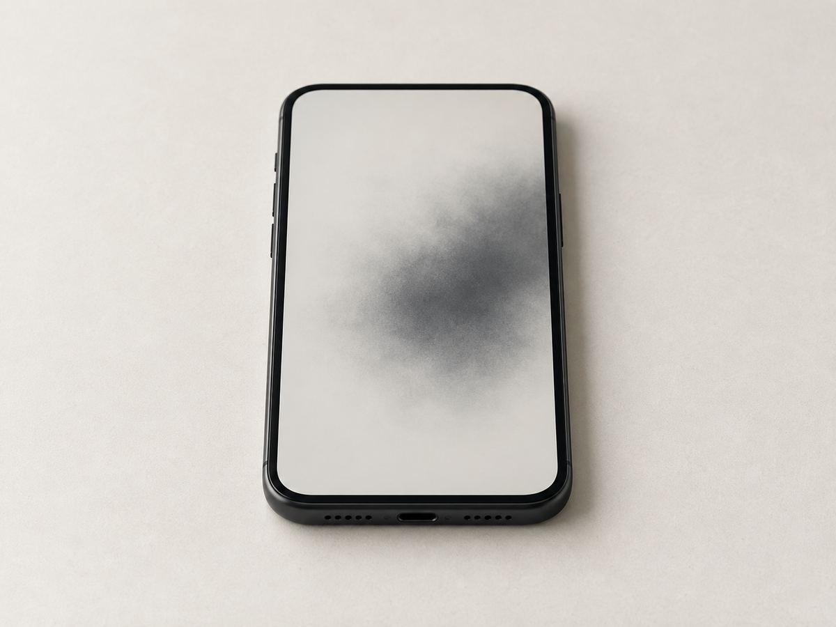 明るい画面の中央に薄い黒いもやが見えるスマートフォン